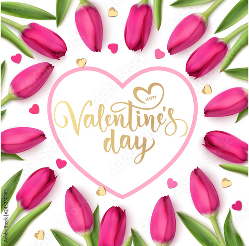 Happy Valentine's Day golden text in heart frame with decorative confetti and pink tulip. Spring design template. Vector illustration. Love decoration © Gizele
