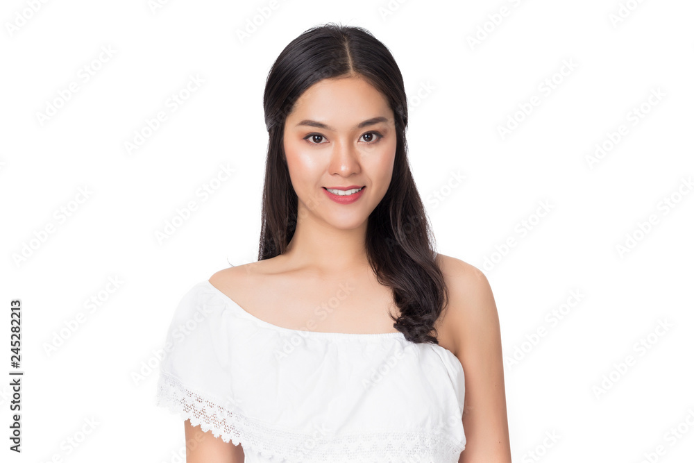 Young beauty healthy happy Asian woman with smiley face isolated on white. Young beauty healthy happy Asian woman with smiley face isolated on white.