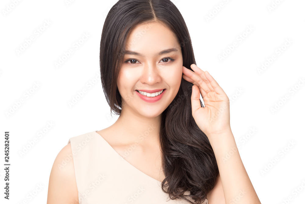 Young beauty healthy happy Asian woman with smiley face isolated on white. Young beauty healthy happy Asian woman with smiley face isolated on white.