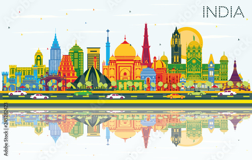 India City Skyline with Color Buildings, Blue Sky and Reflections.