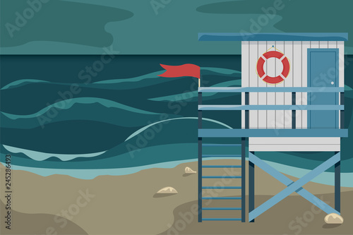 Beach landscape with a lifeguard house during a storm. Flat vector illustration.