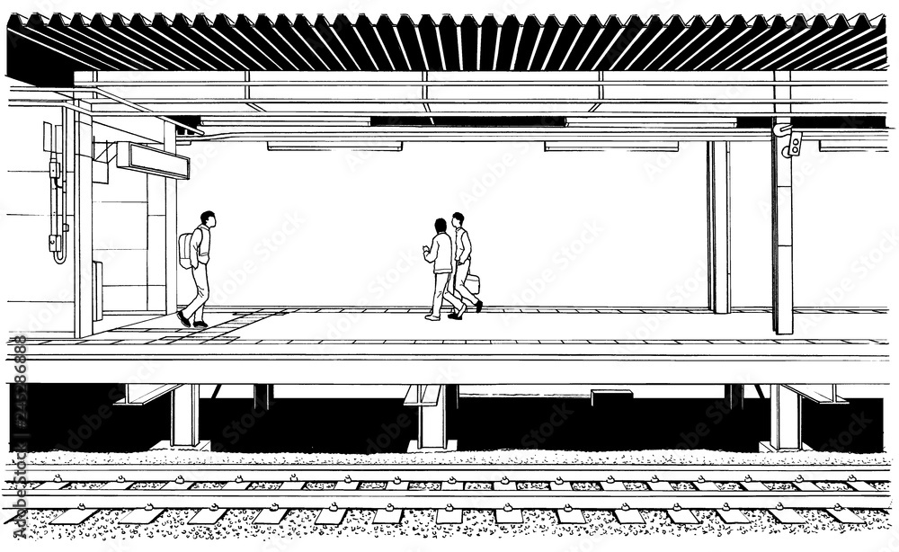 漫画風ペン画イラスト 駅 ホーム Stock Illustration Adobe Stock