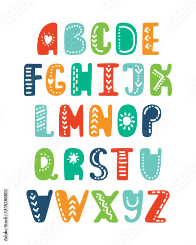 Alphabet in scandinavian style. Funny cartoon letters. Vector hand drawn elements for print, poster, tshirt, playroom, nursery, apparel decoration, greeting card. 