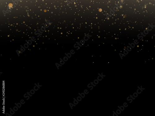 Abstract gold sparkle shine light confetti bokeh on glittering black background. Luxury shimmer texture template. EPS 10