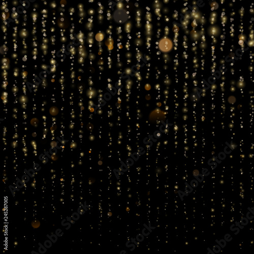 Christmas and New Year effect. Glitter threads of curtain backdrop on black. Sparkling of shimmering light blurs. Gold particles lines rain. Fashion strass drops with shiny sequins. EPS 10