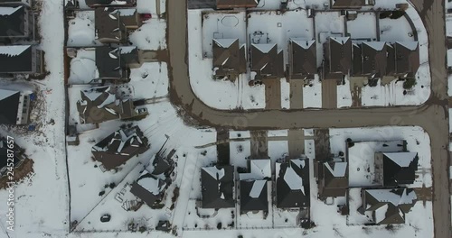 Flying Over Row Of Houses Near Cul De Sac In Winter With Snow Drone Aerial View photo