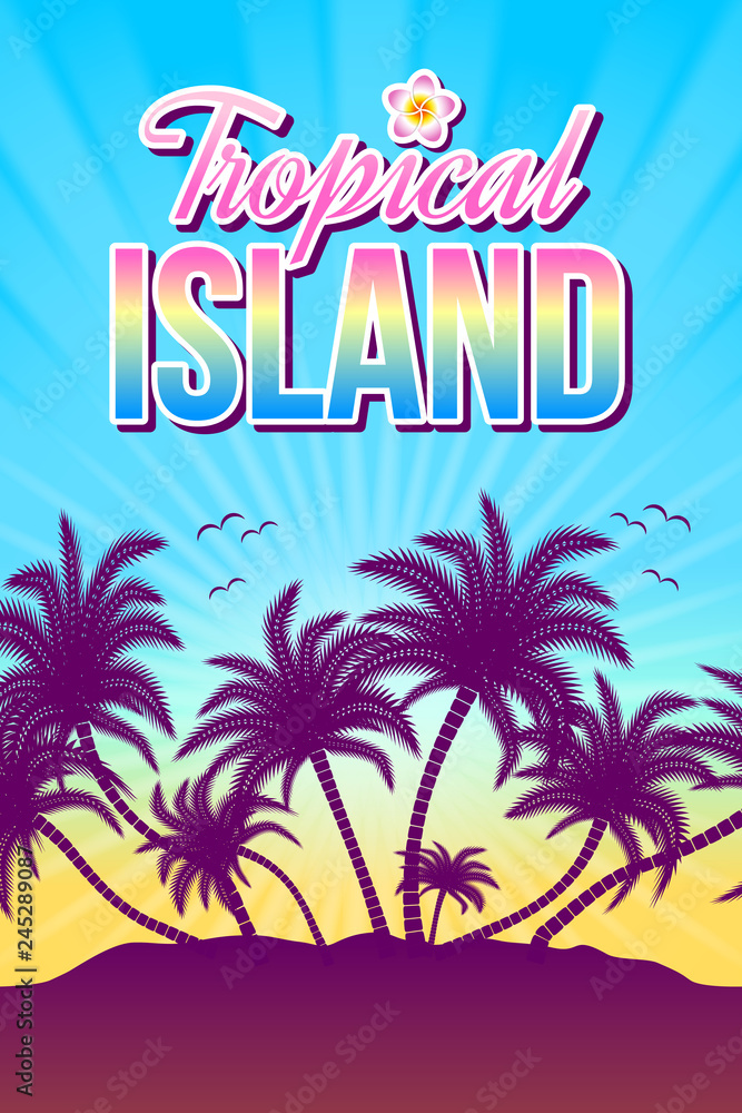 Tropical island illustration with palm trees and sunset or sunrise in the background.