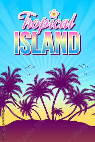 Tropical island illustration with palm trees and sunset or sunrise in the background. © pk74