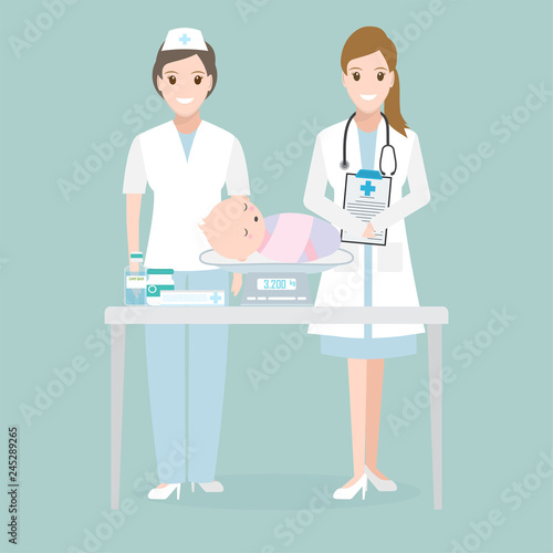 Doctor, nurse and weight scale for infant, Digital scales measure weight in kilograms