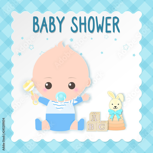 Baby shower card, baby boy and toy. Greeting card paper art style