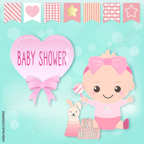 Baby girl shower card, baby girl and toy. Greeting card paper art style