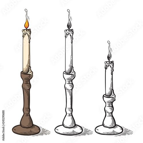 hand made sketch retro old candle candlestick vector