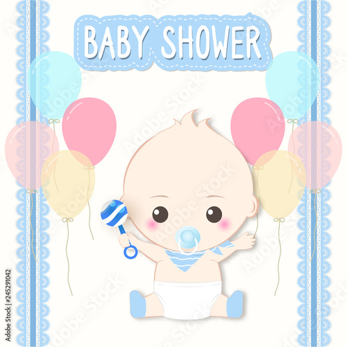Baby shower card, baby boy and toy. Greeting card paper art style