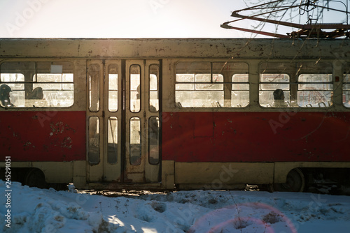 tram car in the sun in winter
