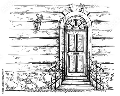 sketch hand drawn old wooden door with porch and railing vector