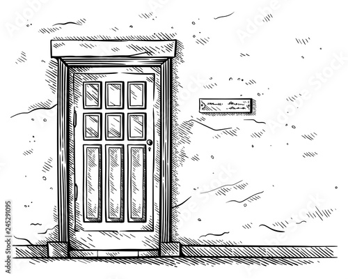 sketch hand drawn old rectangular wooden door in brick wall vector