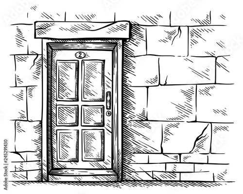 sketch hand drawn old double rectangular wooden door in stone wall vector