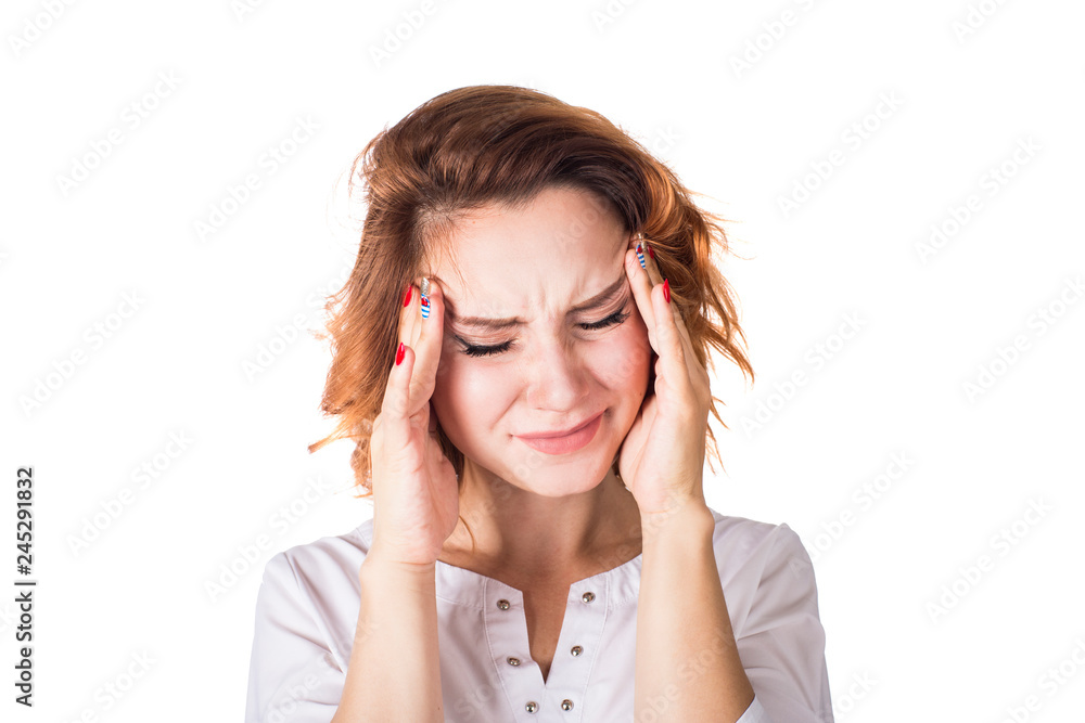 headache woman isolated on white background. Holding head. Helthcare concept headache woman isolated on white background. Holding head. Helthcare concept