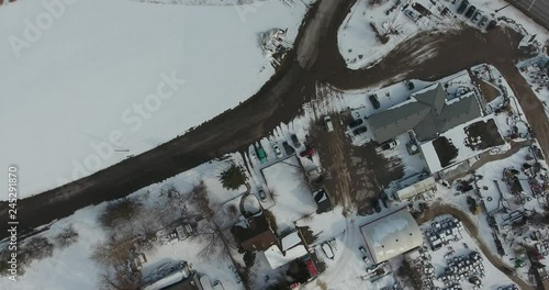 Winter Top Down View Of Industrial Section With Car Parking Aerial Shot photo