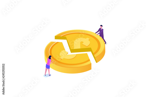 Teamwork success isometric vector illustration. Construction business project. man and woman are pushing a coin