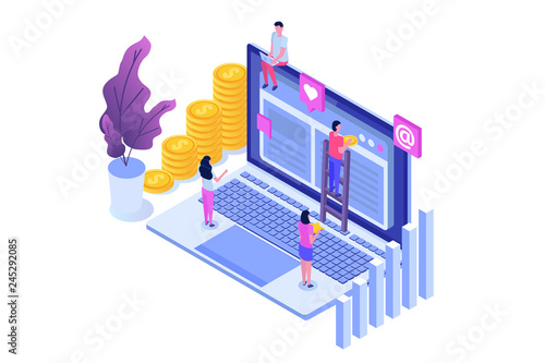 Teamwork success isometric vector illustration. Construction project.  Building Business on the internet.
