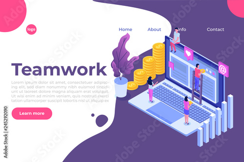 Teamwork success isometric vector illustration. Construction project.  Building Business on the internet.
