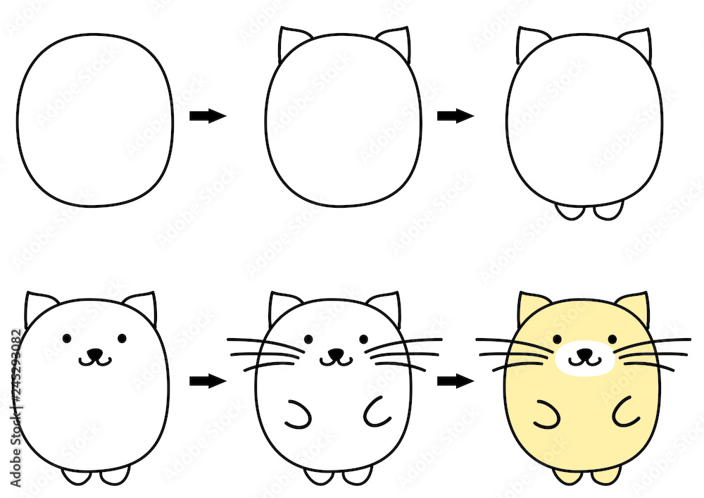drawing cartoon cat step by step Stock Vector | Adobe Stock
