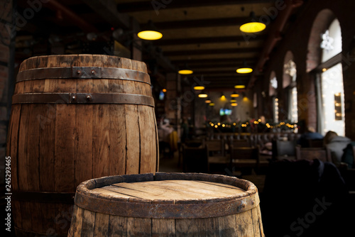 Quadro su tela wooden desk top barrels and space for your decoration