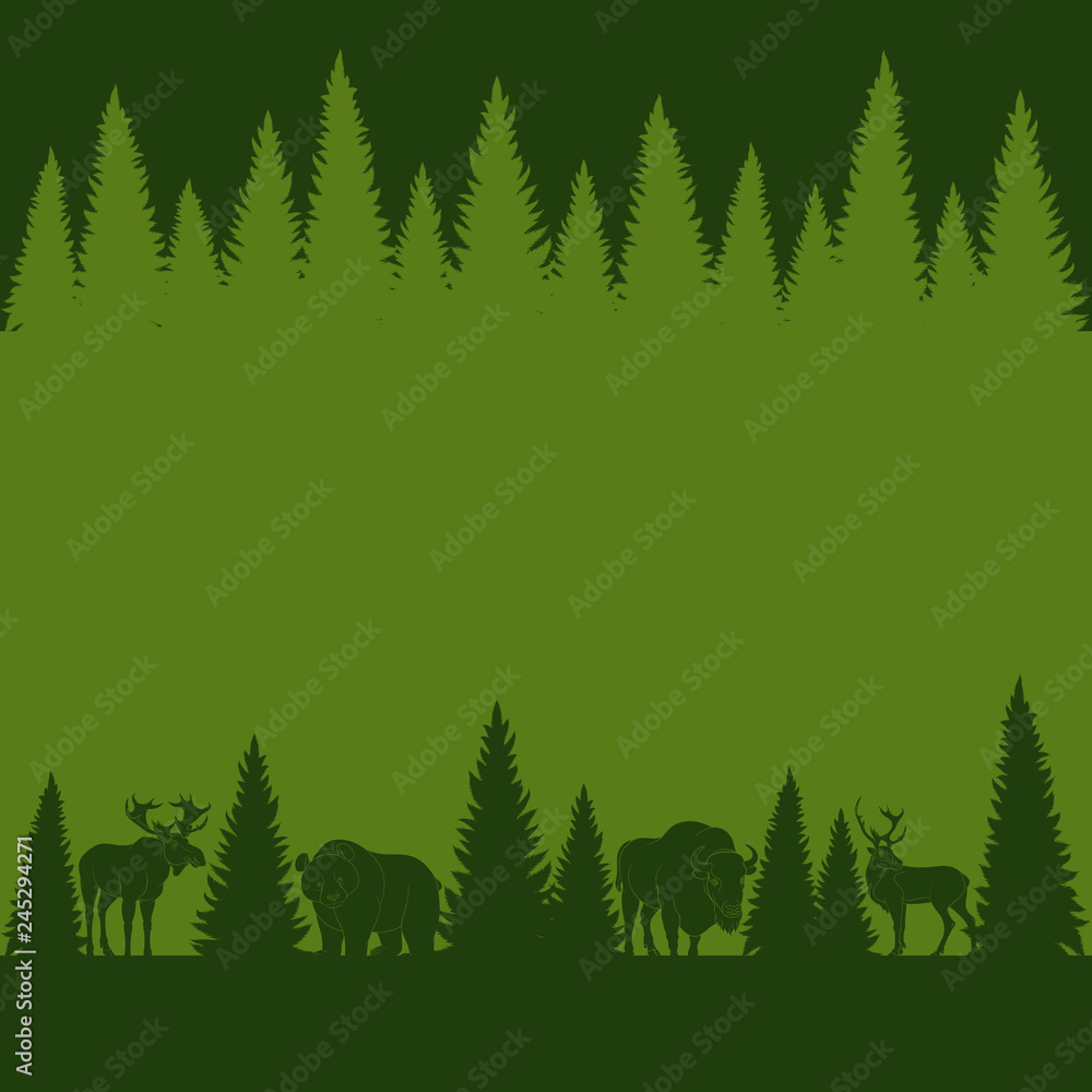 Background of silhouettes of wild forest animals and trees. Vector illustration. Background of silhouettes of wild forest animals and trees. Vector illustration.