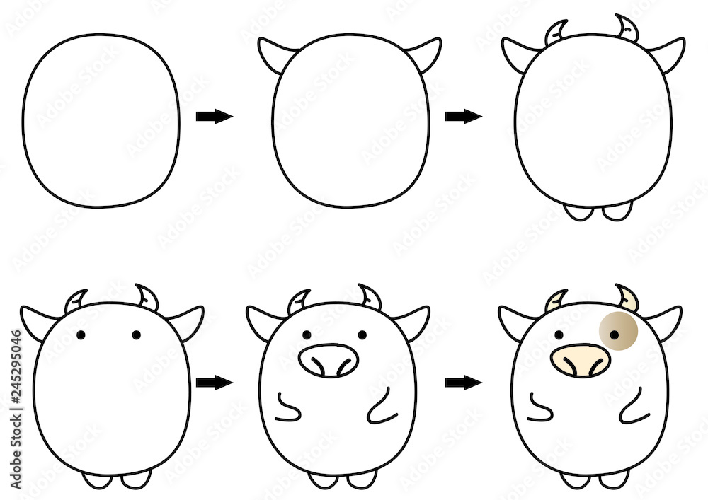 drawing cartoon cow step by step Stock Vector | Adobe Stock