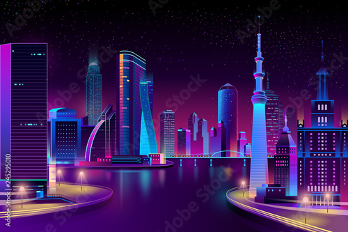 Vector modern megapolis on river at night. Contemporary architecture - bright glowing buildings, boardwalk and bridge in cartoon style. Urban skyscrapers in neon colors, town exterior, background.
