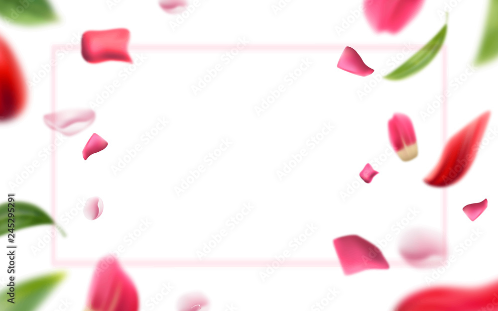 Vector blurred rose petal, leaves background 3d