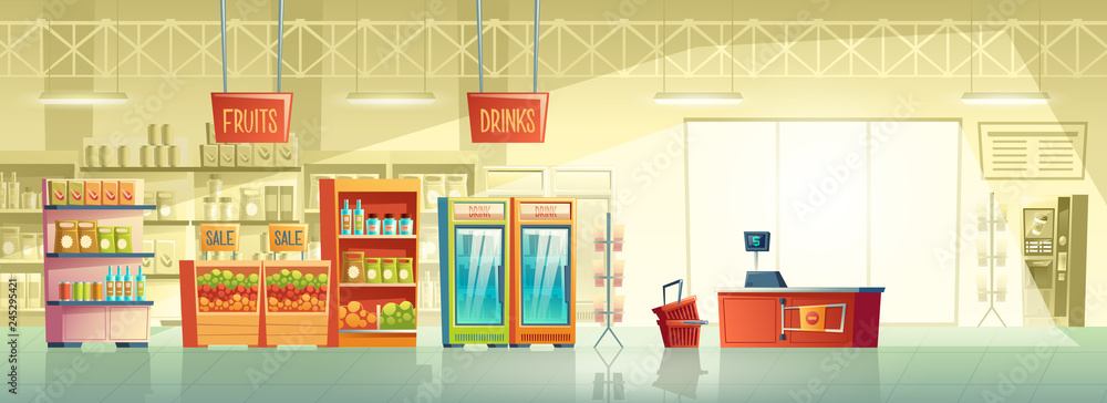 Vector background of empty supermarket at morning, lines with merchandise.  Place for retail, mall interior with fridges, stands and shelves. Grocery  store, shop with signboard and pointer inside. Stock Vector | Adobe