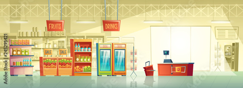 Vector background of empty supermarket at morning, lines with merchandise. Place for retail, mall interior with fridges, stands and shelves. Grocery store, shop with signboard and pointer inside.