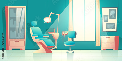 Vector cabinet of dentist, cartoon interior with comfortable chair, surgical light unit, shelves and x-ray picture on wall. Modern dental medical equipment, oral healthcare. Orthodontics, treatment.