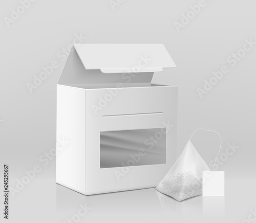 Fresh tea packaging 3d realistic vector mockup template. Blank white cardboard box with opened lid and transparent window, pyramid tea bag or sachet with label tag and dried leaves inside illustration