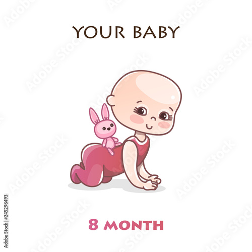 Monthly infant development. Stages of child development in the first year of life. Eight month old baby crawls on all fours. Colorful vector Illustration isolated on white background