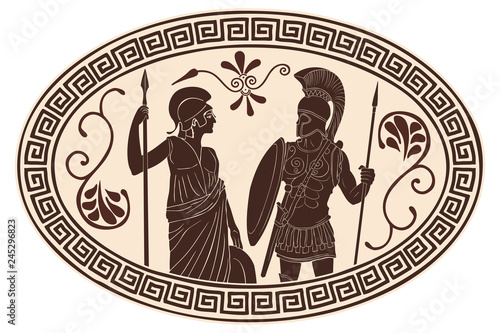 Ancient Roman warrior in armor and Amazon in a tunic and a helmet with weapons in their hands.