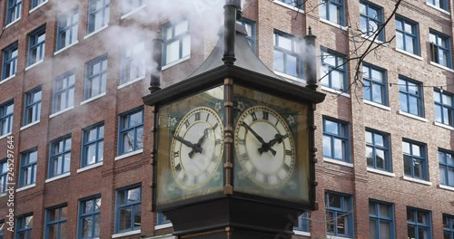 A close-up of Gastown Steam Clock blowing steam during windy weather photo