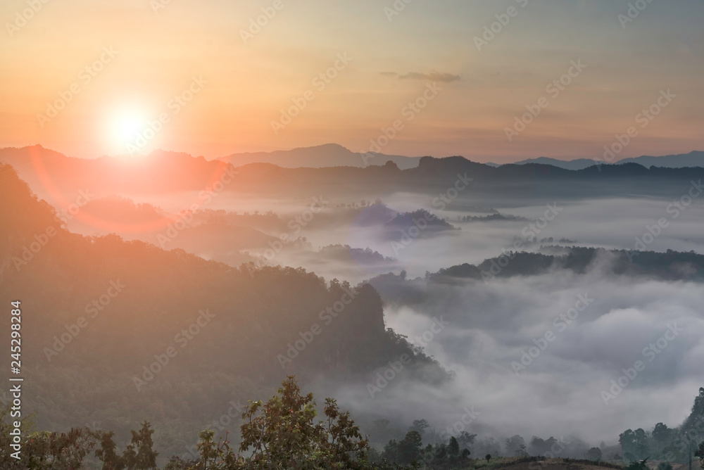 Sunrise and fog in the morning, Thailand.