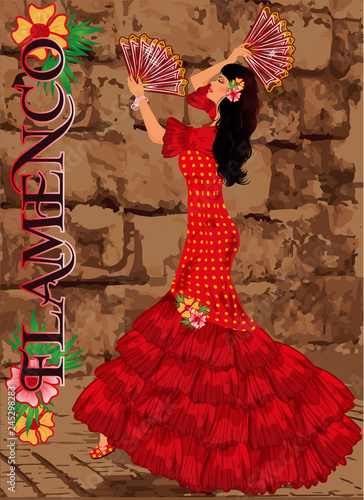 Young spanish flamenco girl, greeting card, vector illustration