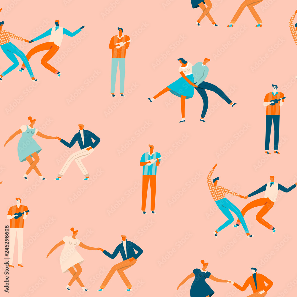 Dancing couples people seamless pattern in vector. Cartoon characters illustration.