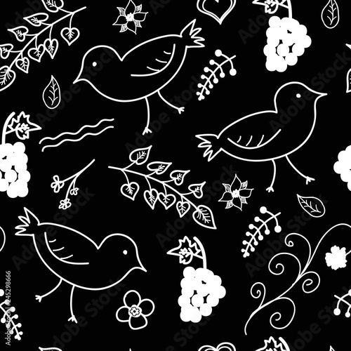 Seamless vector pattern, white leaf and bird pattern on black background.
