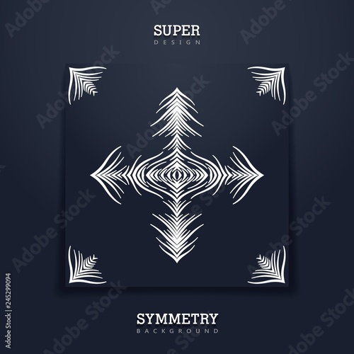 Square creative card with tribal stylized print. Abstract symmetry composition from different wavy lines. Black paper sheet. Vector template