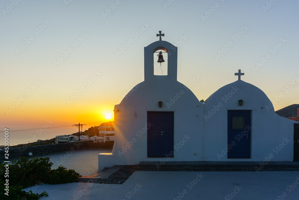 Beautiful White architecture Church on Santorini island, Greece.