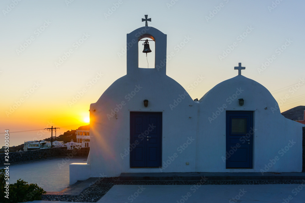 Beautiful White architecture Church on Santorini island, Greece.