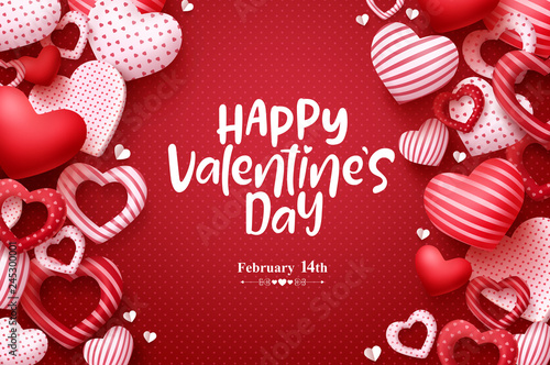 Valentines day vector greeting card. Happy valentines day text with hearts elements in red pattern background. Vector illustration. photo
