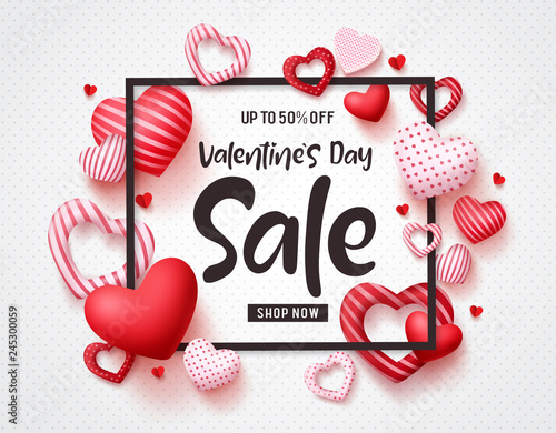 Valentines day sale vector banner template with sale promotion text, hearts elements and a frame in white pattern background. Vector illustration.