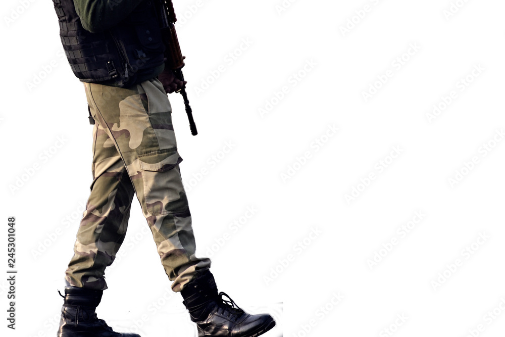 Security guard standing with rifle on white background Security guard standing with rifle on white background