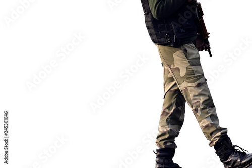Security guard standing with rifle on white background